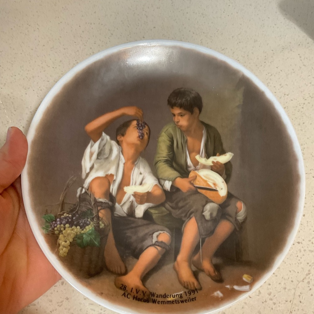 Vintage Decorative Plate with Boys and Grapes